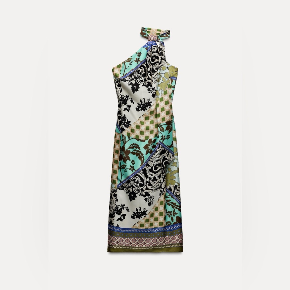 Zara Patchwork Print Satin Effect Halter Dress, M… - image 3